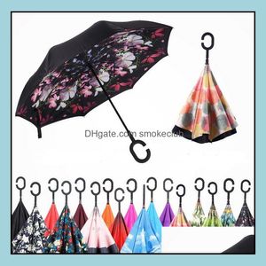 Parasole House Sundries Home Garden Creative odwrócony podwójna warstwa z uchwytem C wewnątrz Out Reverse Windproof Parasol 34 Kolory Drop