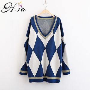 H.SA Kvinnor Långtröja och Pullovers Loose Argyle Jumpers Oversized Knit Pull Femme Vintage Winter Varma Pullover Tröjor 210417