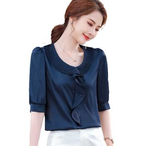 Navy Blue Chiffon Shirt Women Half Sleeve Summer Fashion High End Ruffles Loose Blouses Office Ladies Casual Work Tops 210604