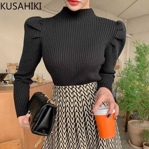 Half Turtleneck Women Slim Knitwear Causal Korean Puff Long Sleeve Jumper Spring Solid Knitted Tops 6F226 210603