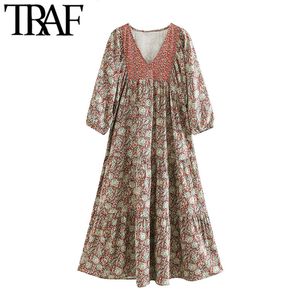 Traf女性シックなファッションプリントパッチワークMIDIドレスビンテージVネック3四半期スリーブ女性ドレスvestidos Mujer 210415