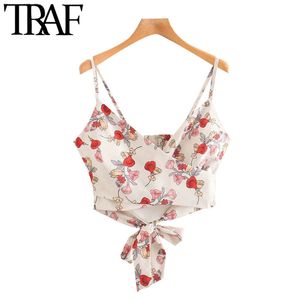 TRAF Women Sexy Fashion Floral Print Cropped Tank Top Vintage Backless Elastic Bow Tied Thin Straps Female Camis Mujer 210415