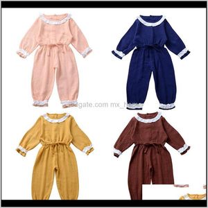 KombinezonyMompers Baby Clothing Baby Maternity Drop Dostawa 2021 Pani chłopiec Solidna Koronka 5 Kolory Jesień Z Długim Rękawem Bawełniany Fold Pasek Jumpsui