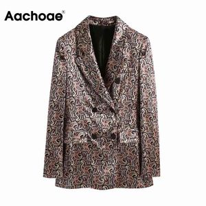 Aachoae Vintage Printed Velvet Blazer Kvinnor Mode Dubbel Breasted Jacka Coat Kvinna Långärmad Ytterkläder Chic Toppar 210413