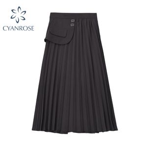 Vintage High Waist Kjol Kvinnor Vit Lös A-Line Side Ring Ficka Lång Kjol Koreansk Elegant Sommar Mellankalv Kjol Kvinna 210417