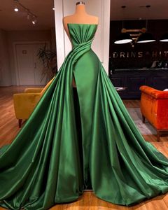 Sexy Front Split Dark Green Satin Evening Dresses Strapless Plus Size Sweep Train Formal Prom Party Gowns Vestidos De Novia