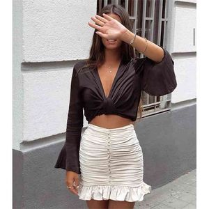 Women Skirt Draped Faux Jewelry Button High-waisted Mini Ruching detail Ruffled Hem Back zip closure skirts 210621