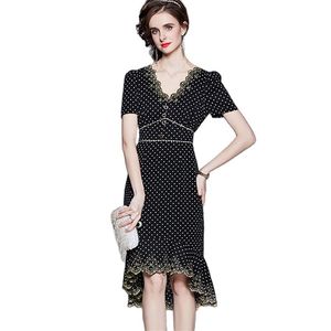 Retro wave dot puff sleeve fishtail skirt waist long V-neck dress summer high-quality women's clothing 210520