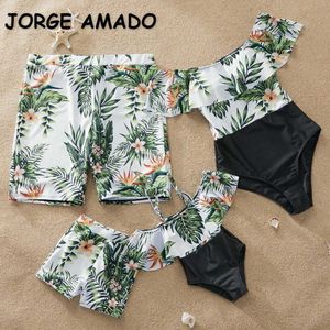 Summer Family Matching 5-pcs Sets Swimsuit+ Floral Trunks Shoulderless Ruffles Outfits E353 210610