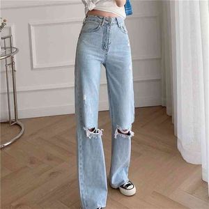 Casual Woman Light Blue Hole Jeans Spring Vintage Ladies High Waisted Bomull Denim Pants Girls Y2K Wide Leg Pant 210515