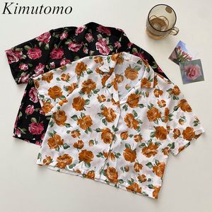 Kimutomo chic japan stil retro blommig blus kvinnlig kortärmad singel breasted sommar mode kläder damer casual topp 210521