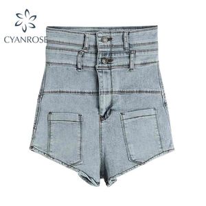 High Waist Knappar Blå Kvinnors Shorts Denim Byxor Streetwear Sexig Vintage Casual Crop Pant Pocket Fashion Washed Jeans Trousers 210515