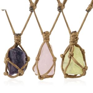 Wholesale make pendants resale online - Vintage Natural Stone Pendant Necklace Irregular Geometric Crystal Braided By Leather Rope Pure Hand Make Jewelry