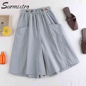 Surmiitro mode sommar koreanska stil breda ben capris kvinnor kort byxor hög elastisk midja shorts kjolar kvinnlig 210611