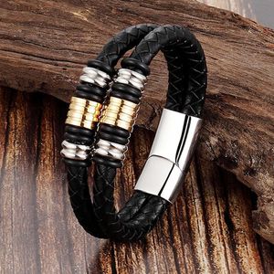 Charm Bracelets Black/Brown Punk Men Double Braided Genuine Leather Bracelet Stainless Steel Magnetic Clasp Fashion Bangles