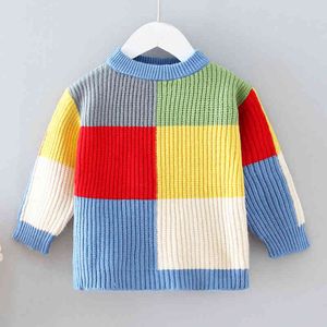Höst Vinter Baby Boys Girls Kids Contrast Färg Joint Sweater Långärmad Stickad S 210429