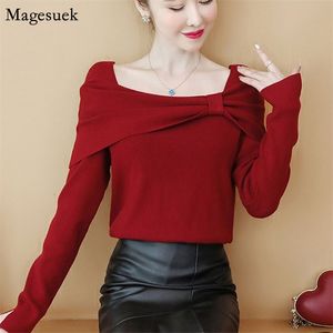 Jesień Zima Czerwony Sweter Bawełna Z Długim Rękawem Jumper Kobiety Swetry Koreański Casual Slash Neck Pullover Pull Femme 11488 210512