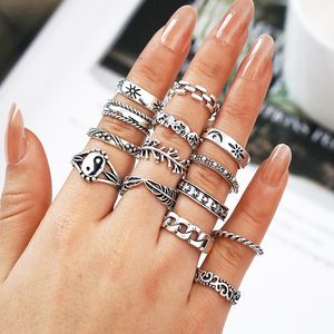 S2755 Fashion Jewelry Knuckle Ring Set Retro Silver Relief Elephant Chain Geometric Stacking Rings Midi Rings Set 14st/Set