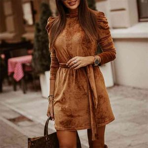 Winter Long Puff Sleeve Velvet Dress for Women Autumn Casual Bodycon Office Sashes Female Slim Solid Mini Party Vestidos 210427