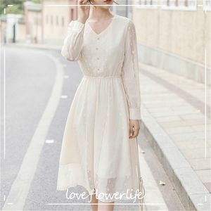 Laço elegante vestido mulheres manga comprida vestido de fada casual doce cinto de decote em v fêmea estilo coreano vestuário outono escritório senhora 210521