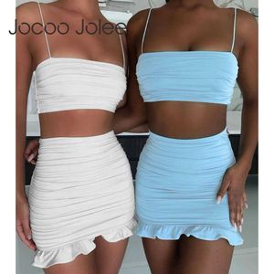 Jocoo Jolee Frauen Sommer Sexy Backless Trägerloses Plissee Tank Top Und Hohe Taille Skim Rüschen Zwei Stück Sets Solide party Club 210619