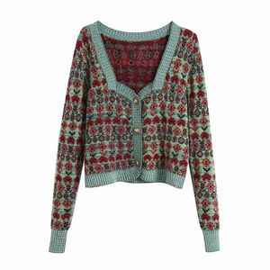 Vintage Women Floral Jacquard Sweaters Fashion Ladies Square Collar Knitted Cardigan Streetwear Female Chic Button Coats 210427