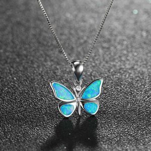 Insect Jewlery 925 Sterling Silver Blue Opal Butterfly Pendant Necklace With Chain For Gift