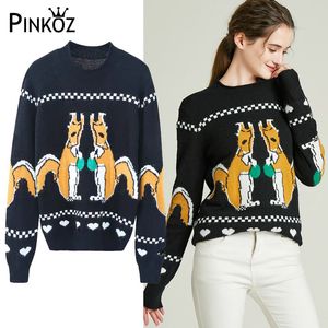 Pullover Sweater Women Cartoon Print Striped Loose Knitted Pull Femme Jumper Crop Mujer suéteres Autumn 210421