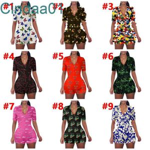 Kobiety Kombinezony Slim Sexy Designer Z Krótkim Rękawem Onesies V Neck Casual Luźne Cartoon Wzór napis Drukowanie Home Pacy