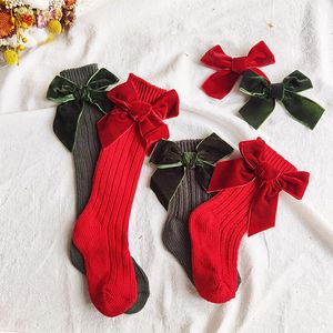 Baby Girls Knä High Socks Kids Bomull Big Bow Christmas Sock Solid Färg Benvärmare Tjej Toddler Mjuka Långa Strumpor För Barn H1