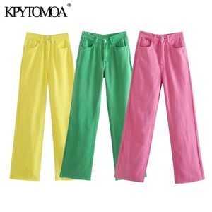 KpyTomoa Kobiety Chic Moda Pięć Kieszenie Kolorowe Dżinsy Szerokiej Nogi Vintage Wysoka Talia Zipper Fly Female Denim Spodnie Mujer 210629