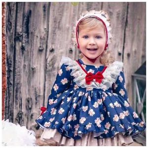 3 sztuk Baby Girl Wiosna Jesień Lato Navy Blue Vintage Hiszpański Pompom Piłka Lolita Princess Lolita Dress for Eid Urodziny Casual Q0716