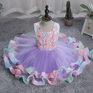 Vintage-Blumenmädchenkleider für den Schulabschluss, hellblaue Kleidung für Kinder, formelle Kleidung mit Spitze, 3D-Rosenblumen, Tutu, A-Linie, knielang, auf Lager, Geburtstagsparty-Festzug-Outfits