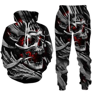 Punk 3D Kafatası Baskılı Hoodies Pantolon Takım Elbise Serin Erkek Moda Sonbahar Kış Rahat Kazak Tişörtü Setleri Sokak Stil 211220