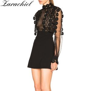 Runway Patchwork Black Lace Höst Kvinnors Långärmad Blomma Broderi Virka Hollow Out Mini Dress 210416