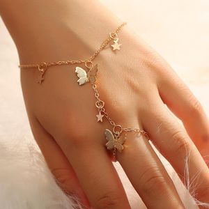 Charm Bracelets Design Gold Color Star Butterfly Bracelet For Women Fashion Connected Finger On Hand Female Ring Boho Jewelry Gift