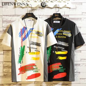 Lifeenwenna Summer Street Fashon Camiseta Homens Casuais O Casual O Pescoço Algodão Manga Curta T Camisa Grafiti Hip Hop Top T-shirt 5xL 210528