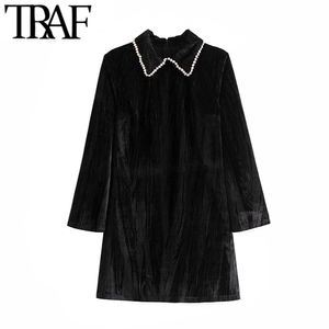 TRAF女性ヴィンテージスタイリッシュなオフィスウェアビーズアップリケベルベットミニドレスファッションラペルカラー長袖女性ドレスMujer 210415