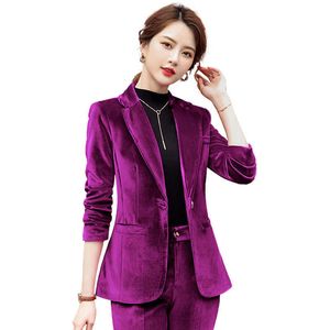 Plus Size Women's S-4XL Autumn and Winter Temperament Fashion Professional Suit Pants 2-piece Gold Velvet Women 210527