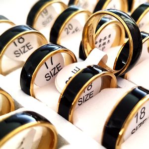 30 pcs alta qualidade polida preta esmalte 6 mm de aço inoxidável banda de ouro anéis de casamento para homens mulheres elegantes jóias clássicas