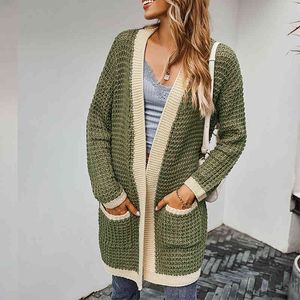 Vintage Szycie Dzianiny Kardigan Damska Zima Plus Gruby Sweter Kolor Dopasowywanie Cardigan Płaszcz Kobiet Długi Cardigan 210514