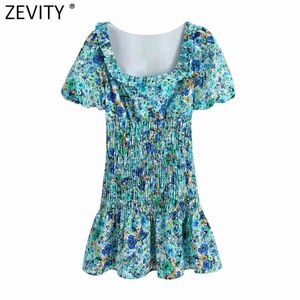 Kobiety Sweet Agaric Koronki Floral Print Plised Slim Prairie Chic Kobieta Rękaw Puff Vestido Ruffles Mini Dress DS8286 210416