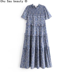 Estilo de férias solto casual pulôver bolo camada vestido de posicionamento vintage impressão elástica lace-up mulheres boho 210514