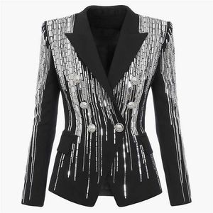 High Street Est Fashion Designer Jacka Kvinnors Double Breasted Luxurious Stunning Silver Metal Knappar Beaded Blazer 211122