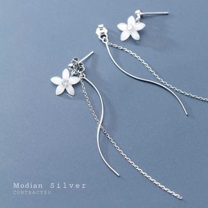 100% Real 925 Sterling Silver Ceramics Flower Long Line Drop Earrings Fashion Charm Dangle Ear For Women Fine Jewelry 210707
