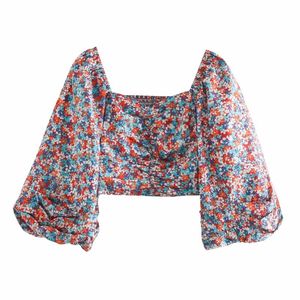 Sexy Floral Print Kobiety Krótkie Koszule Lato Moda U Neck Ladies Bluzki Lampion Rękaw Kobiecy Koszula Przypadkowi Dziewczyny 210430