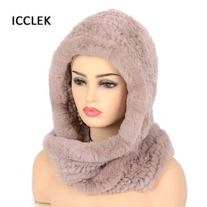 Kvinnor Stickad Real Rex Kanin Fur Hat Hooded Scarf Vinterhattar För Kvinna Keps Varm Naturligt Med Nacksvagnar 211119