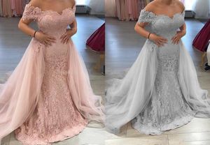 Amazing Designer Dusty Pink Sliver Mermaid Prom Evening Dresses Formella klänningar Avtagbar Tåg Av Axel Lace Bodice Tulle Pageant Dresess