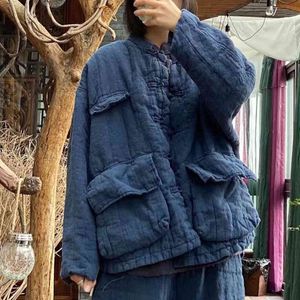 Johnature Women Warm Cotton Blue Gray Coat O-Neck Parkas Vår Kinesisk stil Lös retro Kvinnor Vintage Fickor Parkas 210521