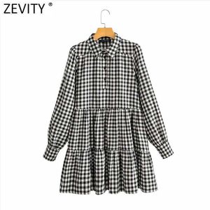 Zevity女性のファッション格子縞の印刷プリーツシャツのドレス女性シックなパフスリーブポケットカジュアルビジネスミニVestido DS8315 210603